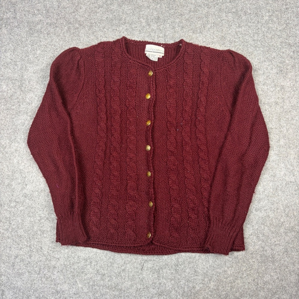 Compositions Vintage Burgundy Cable Knit Cardigan Sweater Gold Buttons Medium